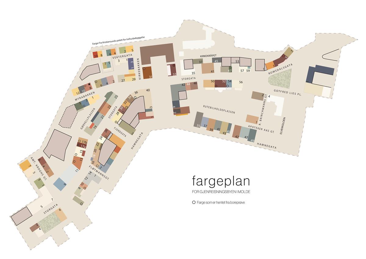 Kart som viser farger på de ulike bygningene i Molde sentrum. Skisse. - Klikk for stort bilde
