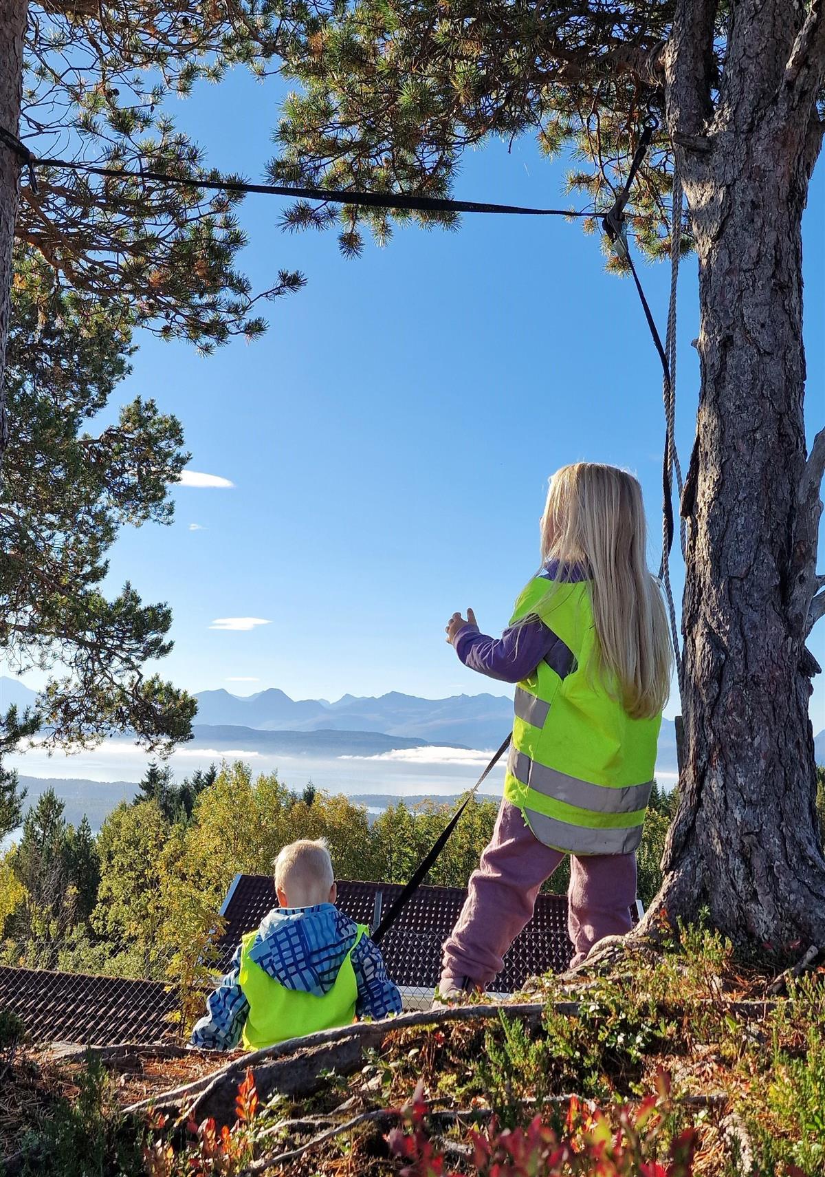 to barn ute og leker under et tre. foto. - Klikk for stort bilde