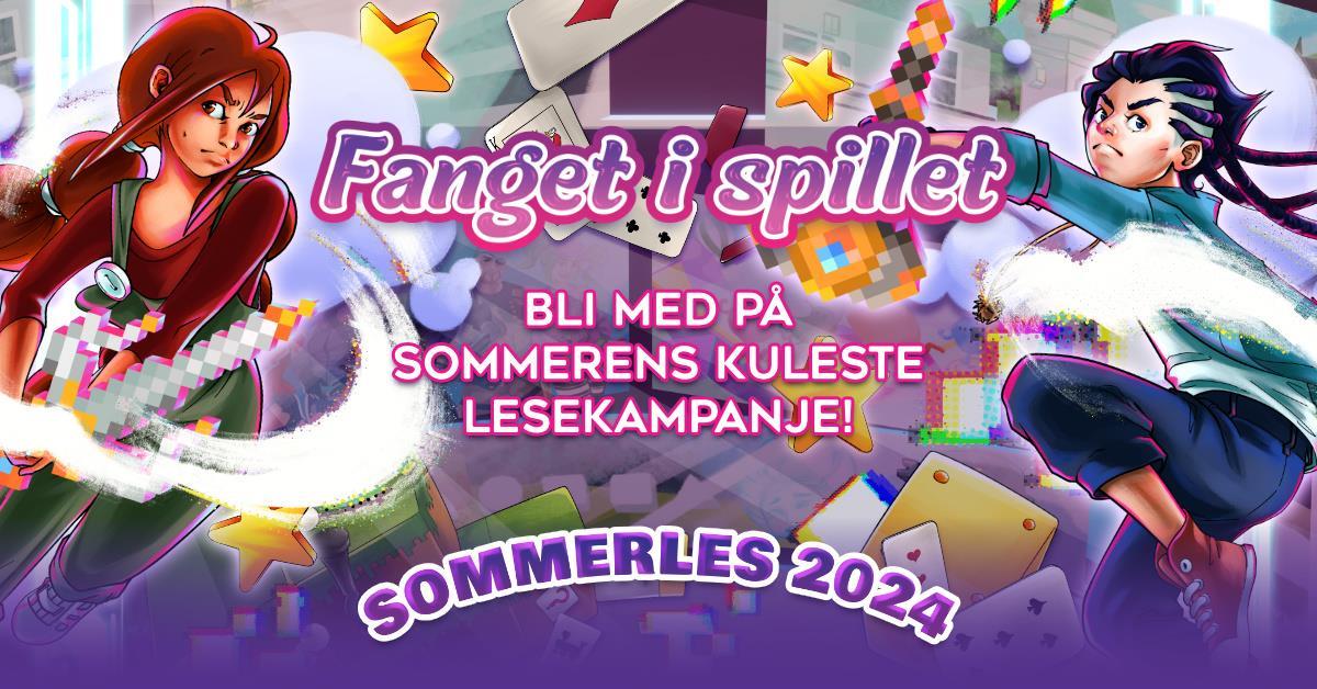 Fargerik plakat med teksten Fanget i spillet, bli med på sommerens kuleste lesekampanje, Sommerles 2024. Grafisk illustrasjon - Klikk for stort bilde