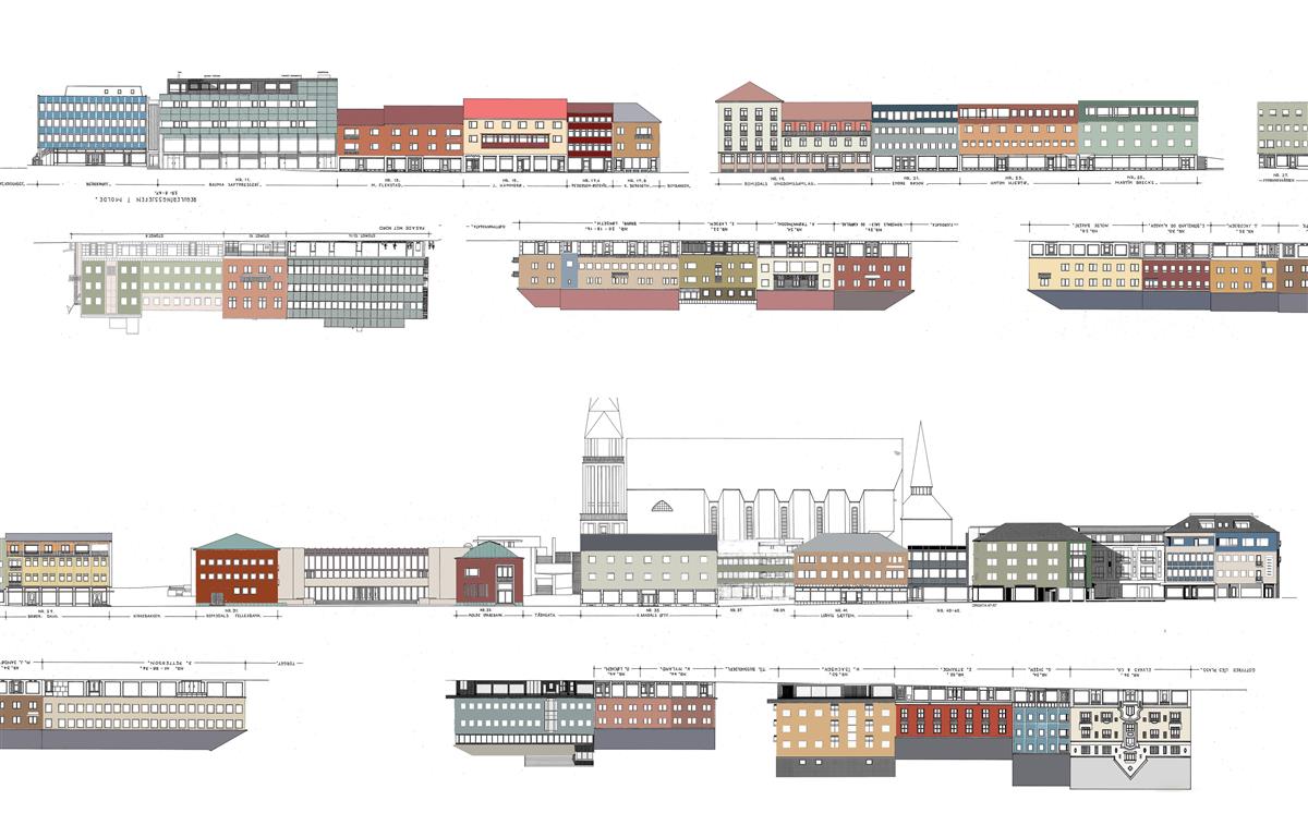 Skisse av bygningene i Molde sentrum vist med anbefalt farge. Tegning. - Klikk for stort bilde